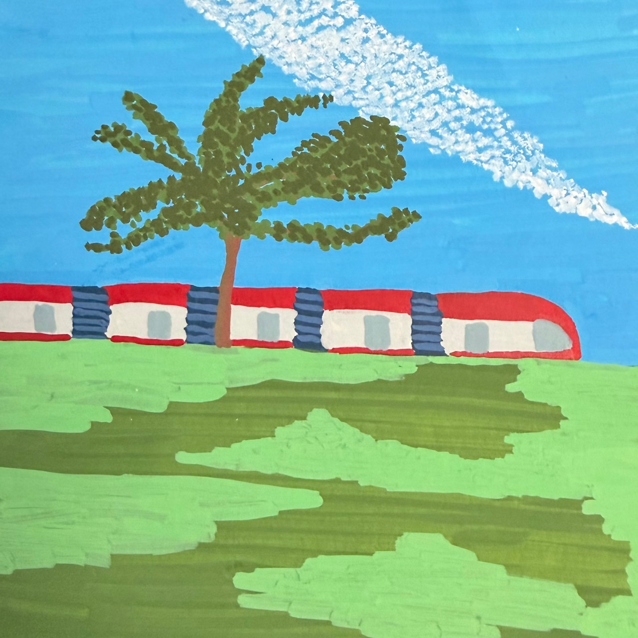 Drawing of a tree and red-roofed houses beneath a blue sky
