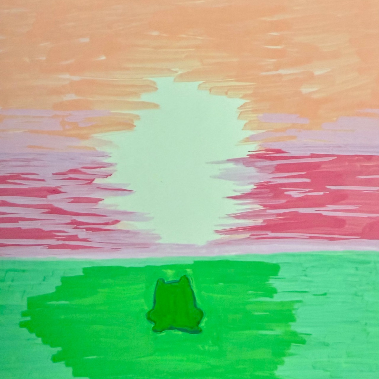 Drawing of a small green figure facing a pink and peach sunset