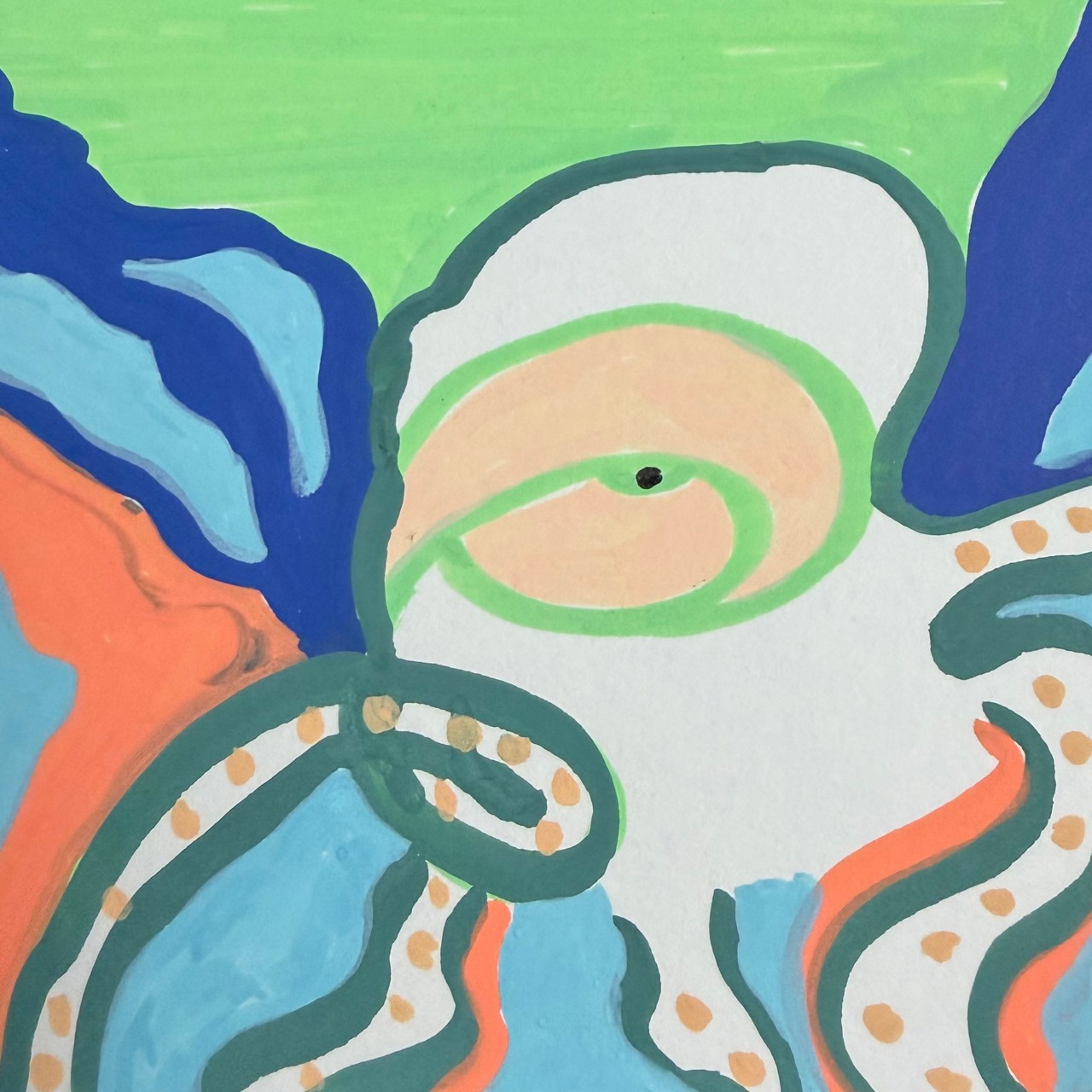 Abstract drawing with looping white, blue, orange, and green forms
