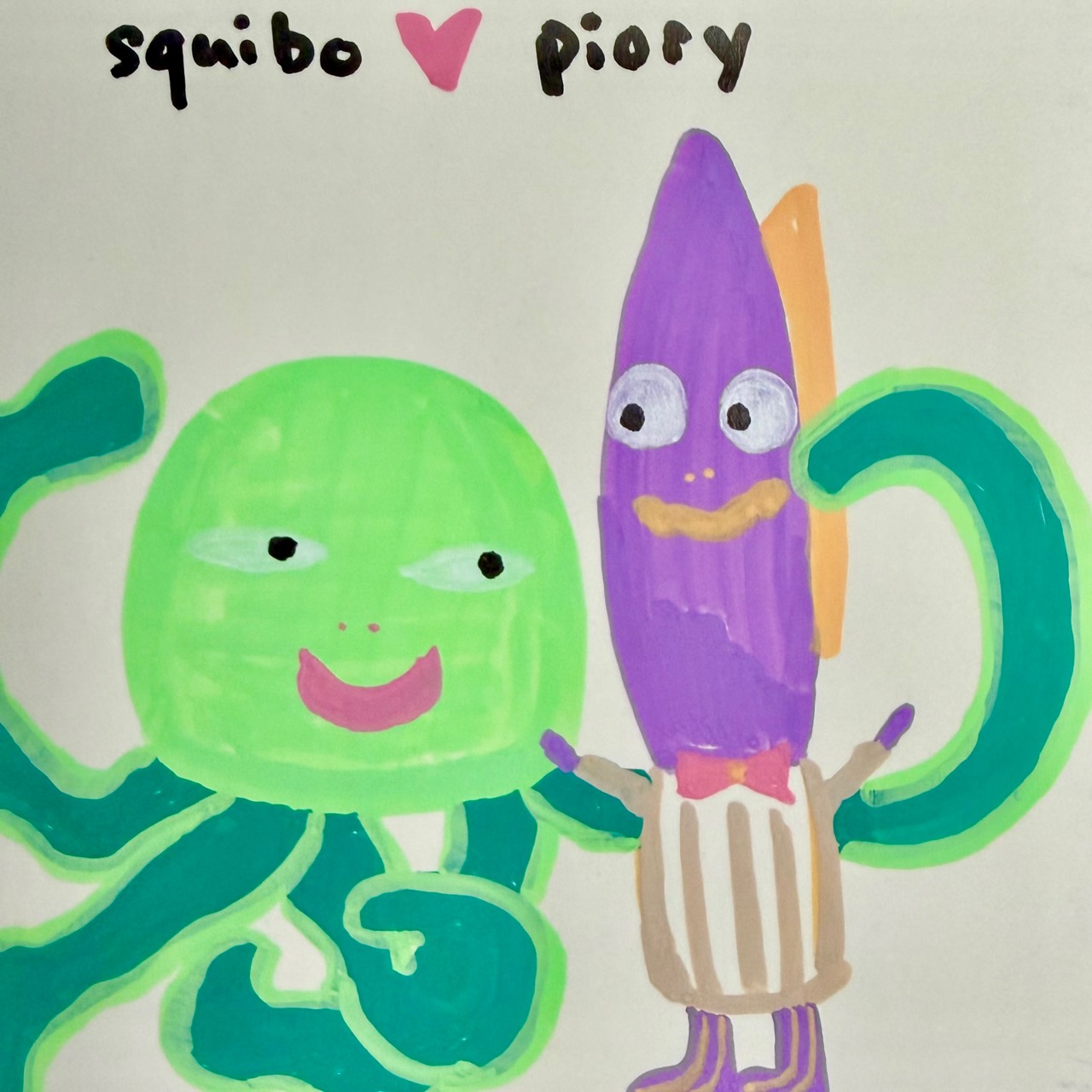 Drawing of a squid and purple pencil character holding hands