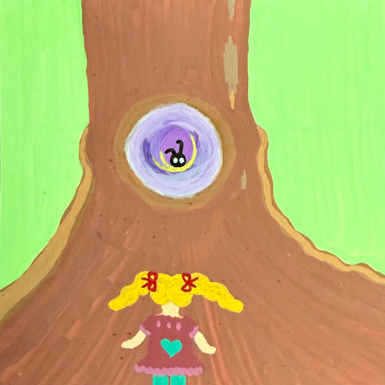 Drawing of a girl beneath a tree with a small figure in a hollow